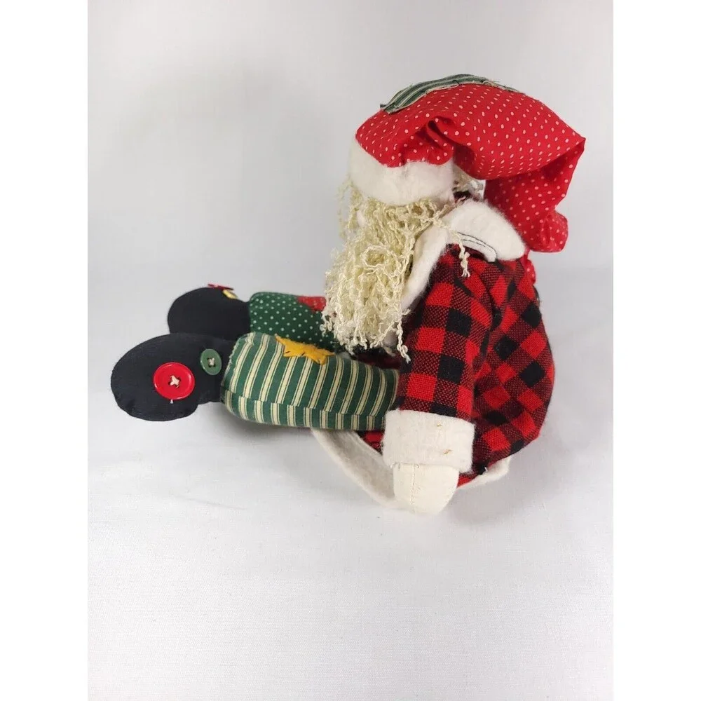Vintage weighted Santa Doll wearing patched Robe‎ and Hat Patchwork buttons